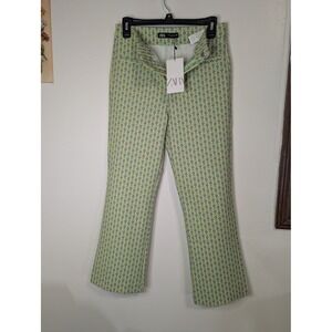 Zara Womens Geometric Floral High Rise Crop Flare Pants Green Yellow Size M